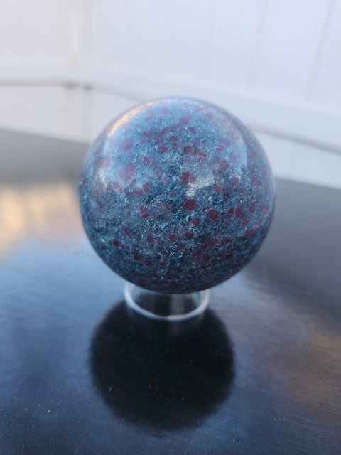 Red.blue,green ruby in kyanite sphere uv reactive