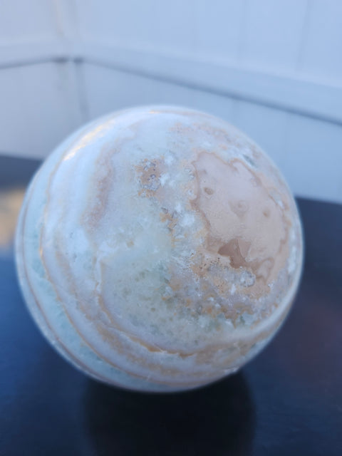 Mega blue,white and orange calcite sphere